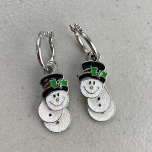 Vintage Snowman Layered Earrings Y2K enamel shimmery pierced winter holiday
